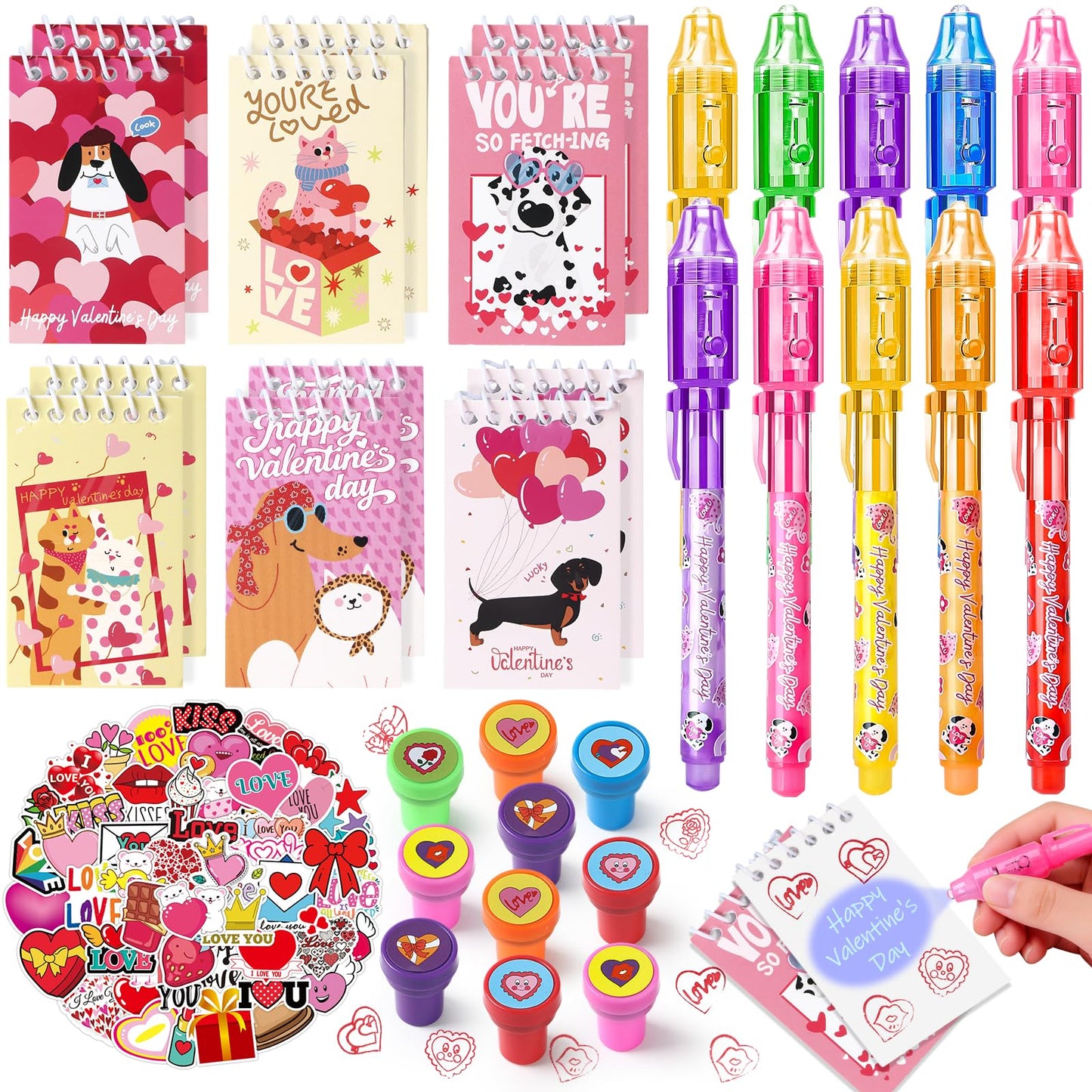 SNLN Valentines Party Favors Valentines Day Gifts for Kids Classroom, 24 Pack Invisible Ink Pen Notebook Stamp Sticker Boys Girls School Classroom Exchange Gifts Birthday Goodie Bags Stuffers - Pet