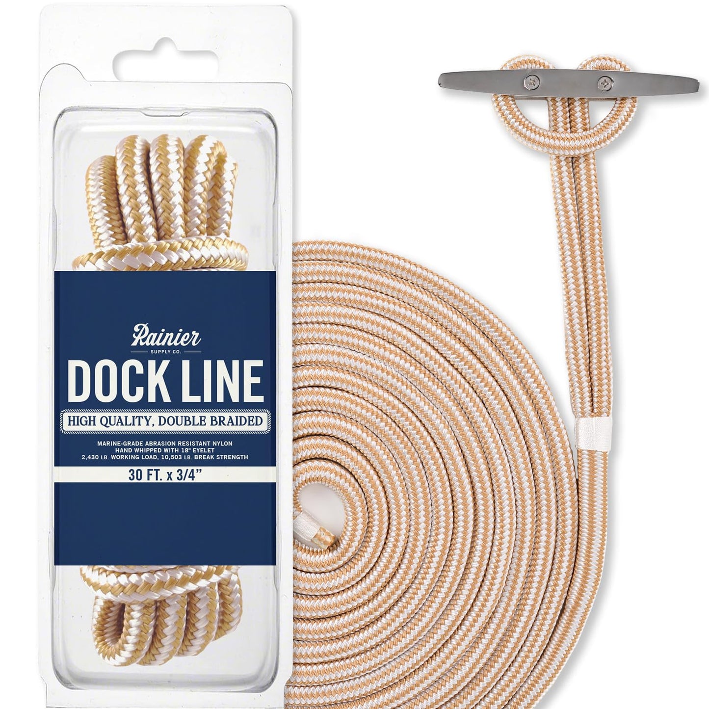 RainierSupplyCo Dock Lines - Boat Rope for Docking with Loop - 30 ft x 3/4 Inch Premium Double Braided Nylon Marine Rope - Mooring Line with 18" Eyelet - Boat Accessories - White Gold