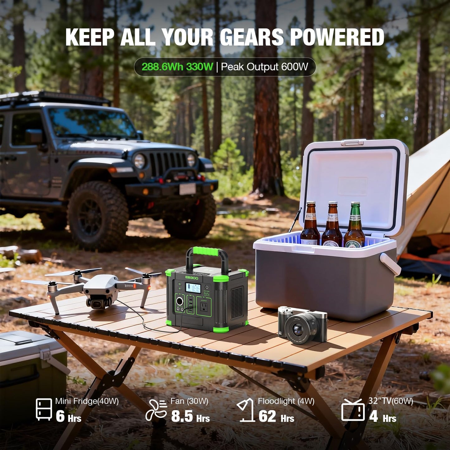 Portable Power Station 330W, 288.6Wh Solar Generator with 60W USB-C PD Output, 120V Pure Sine Wave AC Outlet, 5W Wireless Charging, 330W Backup Lithium Battery for Outdoor Camping Travel Hunting Home