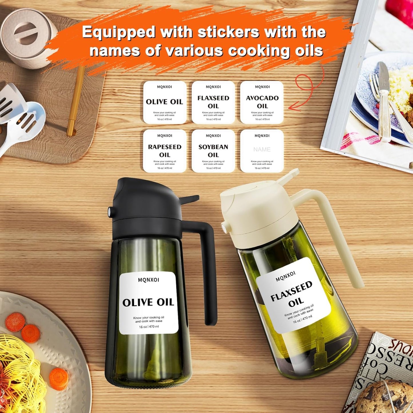 Skiennix 2-in-1 Glass Oil Sprayer & Dispenser - 16oz Olive Oil Bottle for Cooking & Salad | White & Dark Green