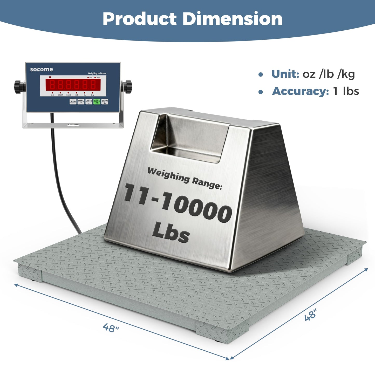 SOCOME 48"x48" Industrial Floor Scale, Heavy Duty Platform Scale with Digital Display Indicator, Carbon Steel Accurate Weighing Scale for Shipping, Warehouse, Industrial, 10000 lb x 1 lb, Grey Green