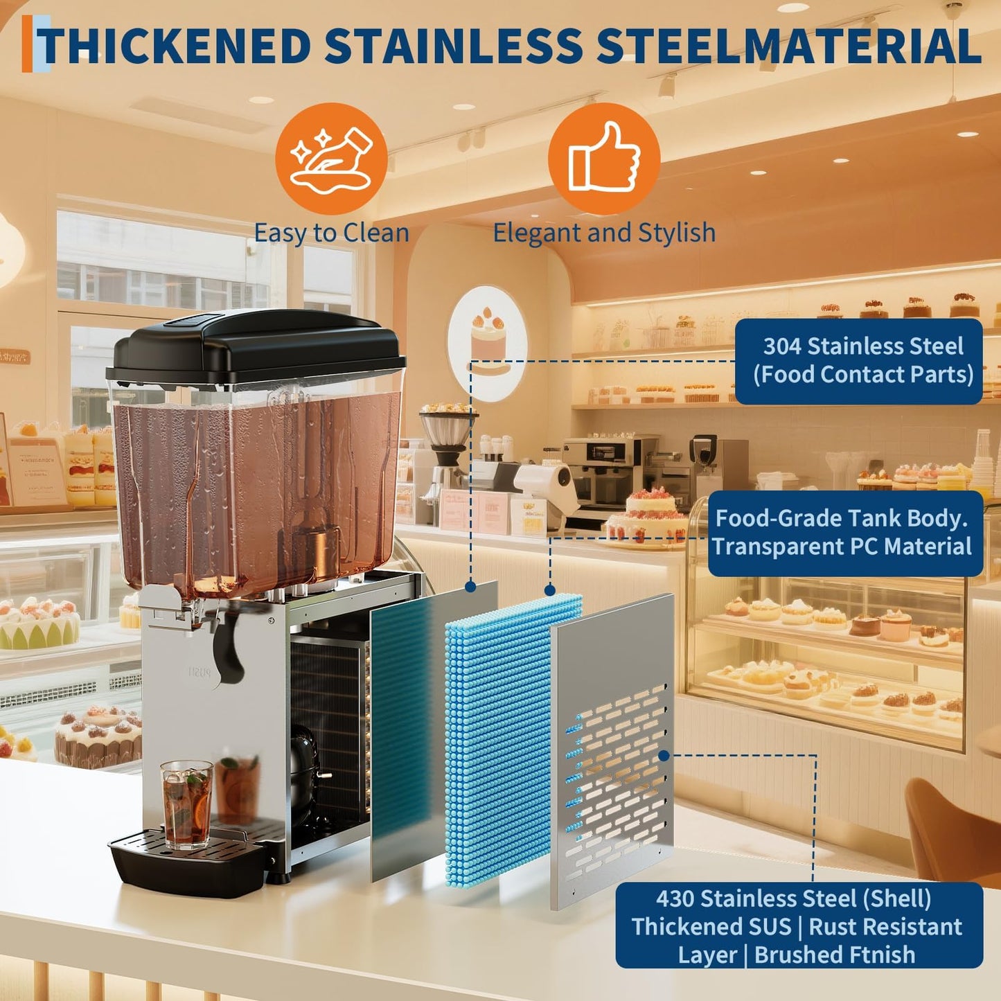 Commercial Beverage Dispenser 18L/4.75 Gallon, Single Tank Stainless Steel Refrigerated Juice Dispenser with Compressor Cooling and 360° Stirring, Cold Drink Machine for Restaurant Bar Party