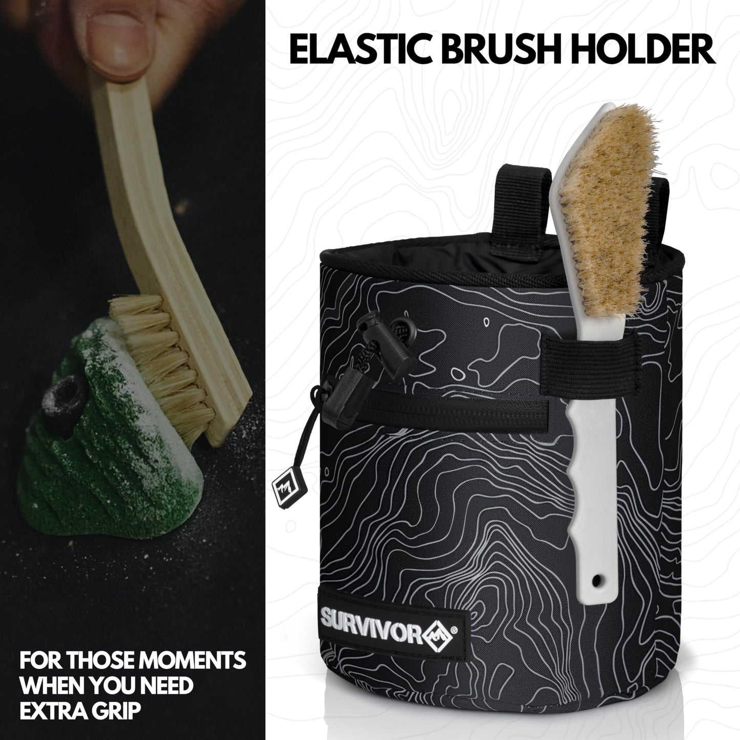 Chalk Bag + Refillable Chalk Ball - Iconic Topographical Map, Draw String Closure, 2 Zippered Pockets, & Brush Holder - Climbing Chalk Bag for Rock Climbing, Bouldering, Weightlifting, Gymnastics