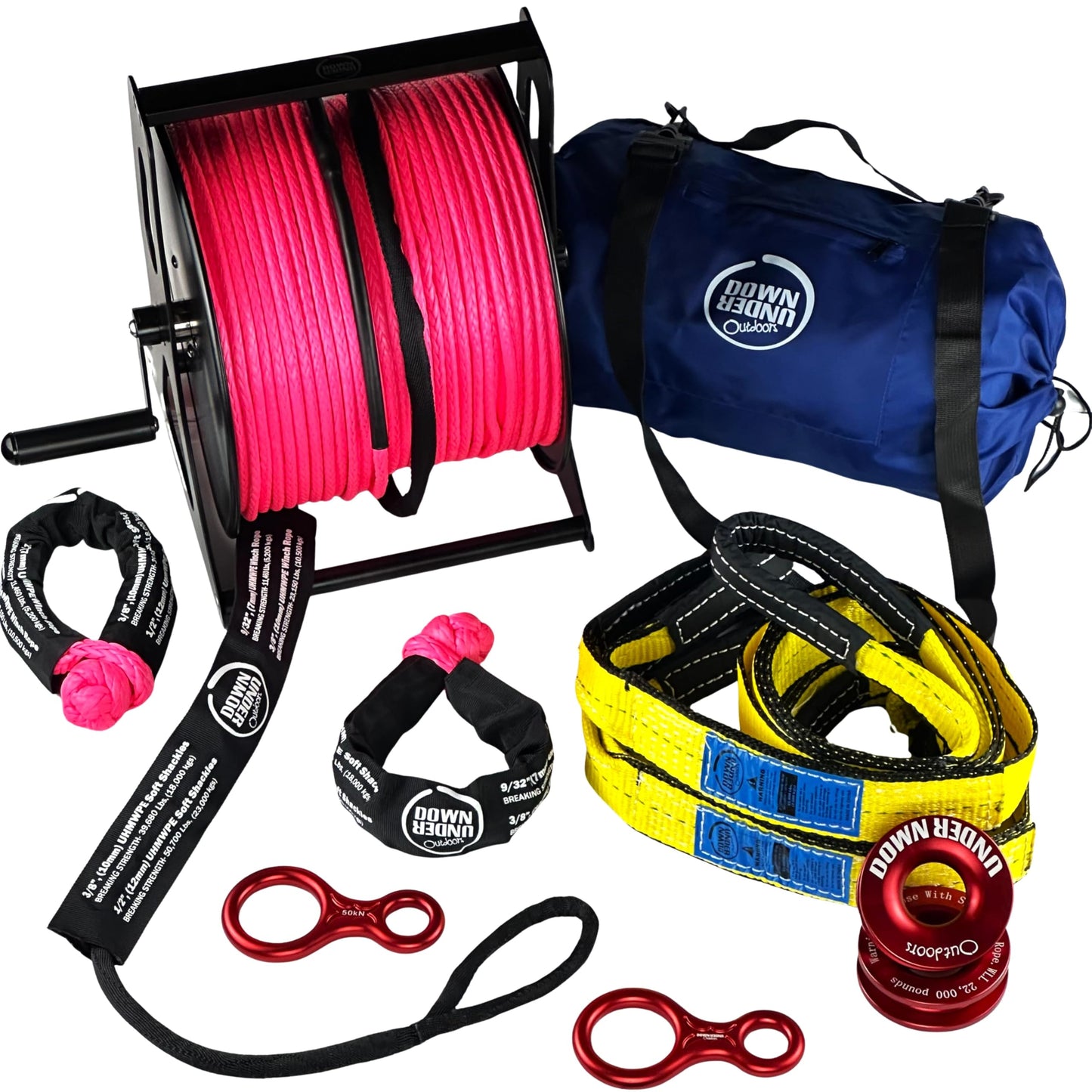 DOWN UNDER OUTDOORS Game/Log/4x4 Recovery Kit, Deer Drag, 650 ft of 9/32” (11,460 lbs) Winch Rope on Metal Reel, 2 Tree Savers, 2 Soft Shackles, 2 Snatch Rings, 2 Figure 8 Rings, Gear Bag