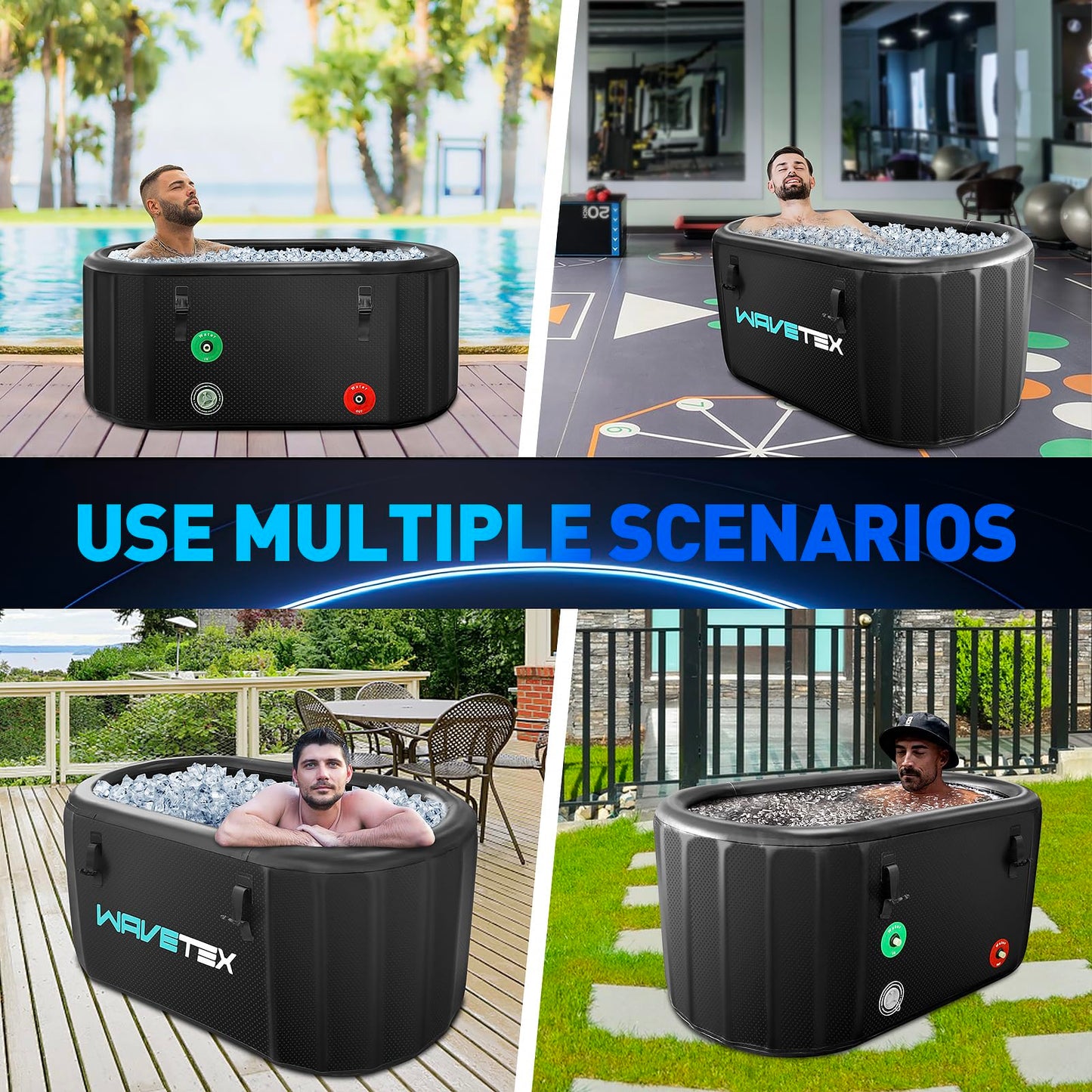 Inflatable Ice Bath Tub for Athletes Compatible with Water Chiller, Portable Recovery Tub with Lid, for Indoor & Outdoor Therapy Recovery, 59 L x 30" W x 28" H, Black (Oval)