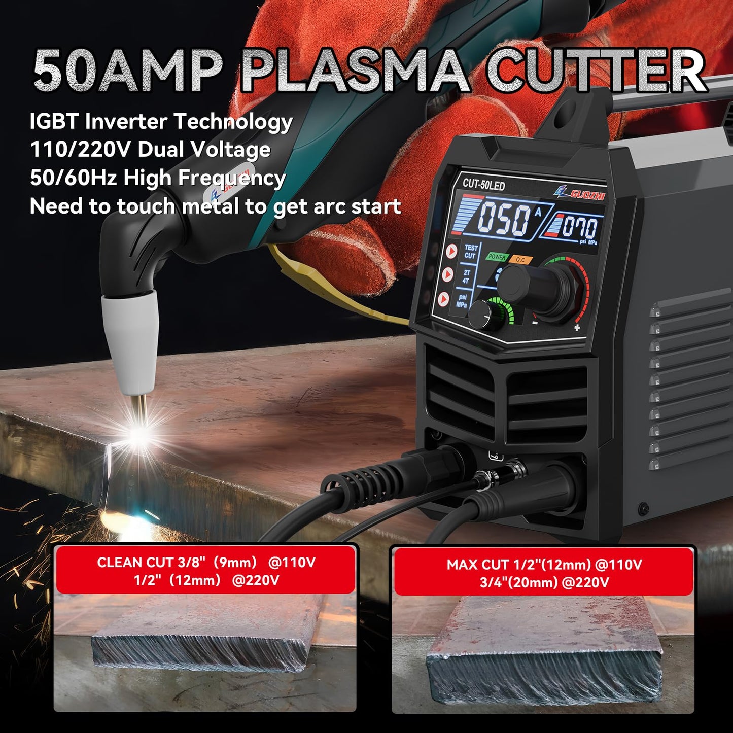 GZ GUOZHI Plasma Cutter, 50Amp 110/220V Dual Voltage IGBT Inverter Plasma Cutting Machine, [Pilot Arc][Large LED Display][Air Sensor] 1/4" Clean Cut 3/4" Max Cut, 2T/4T for Beginners DIY
