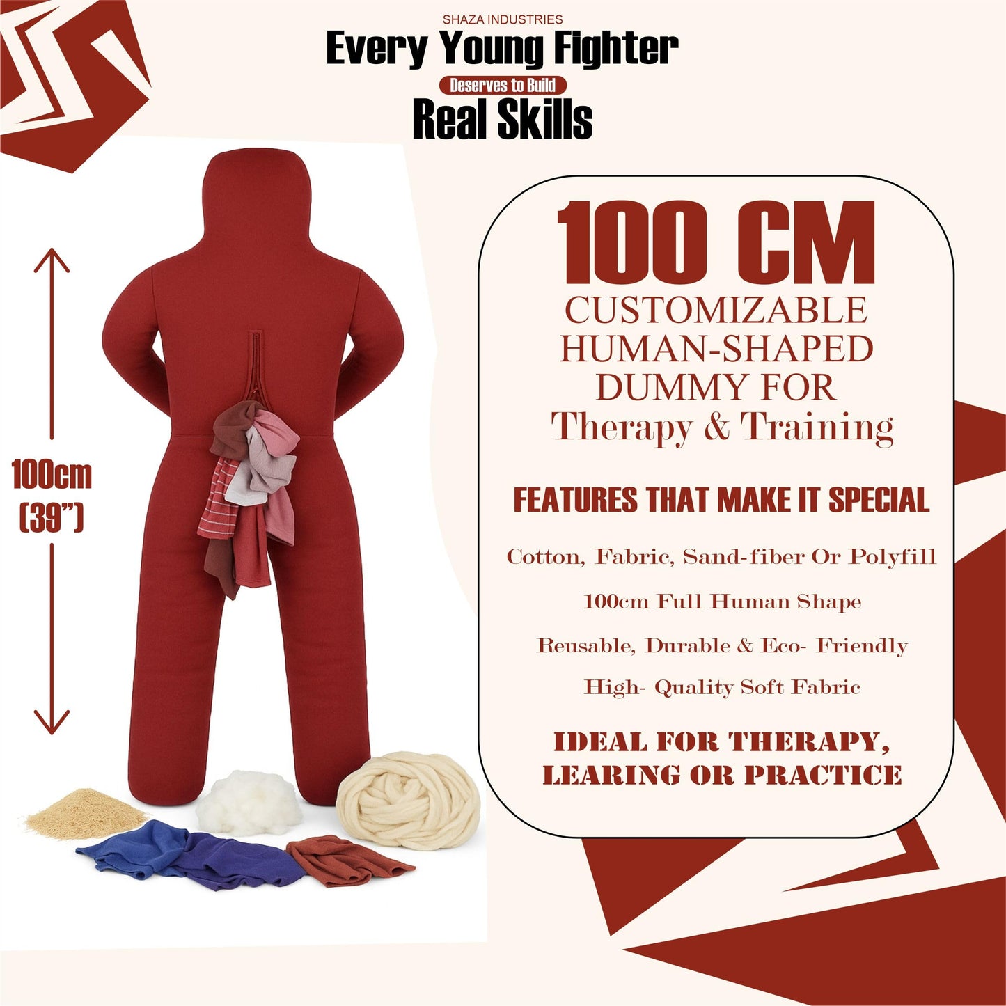 Shaza Toffy Youth Wrestling Dummy, Unfilled Canvas Training Partner, Kids Combat Practice Equipment (Red)