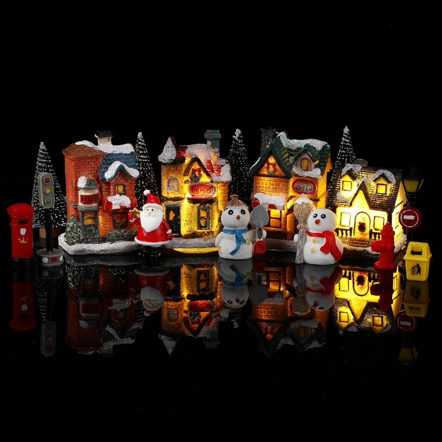 Skiennix 16-Piece Christmas Village Houses Set - LED Light-Up Figurines & Mini Accessories for Festive Decor