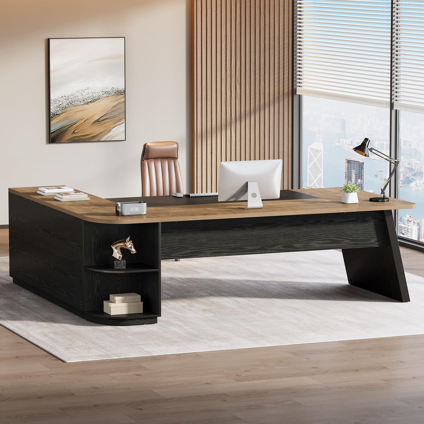 Tribesigns 79-Inch Executive Desk, Large Office Desk with Cabinet, L-Shaped Compter Desk with Storage Shelves, Writing Table for Home Office, Natural Oak and Black