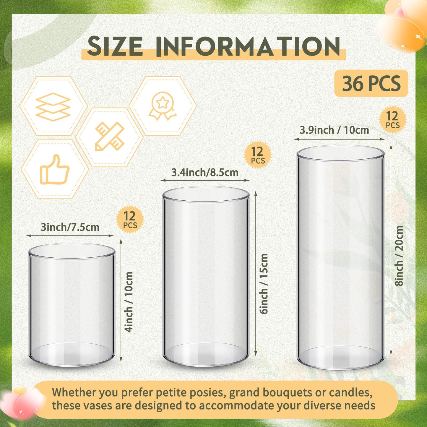 Nuogo 36 Pcs Plastic Cylinder Vases Tall Plastic Flower Vases for Centerpieces Hurricane Candle Holder for Home Wedding Office Party Formal Dinners Decorations (4''/6''/8'')