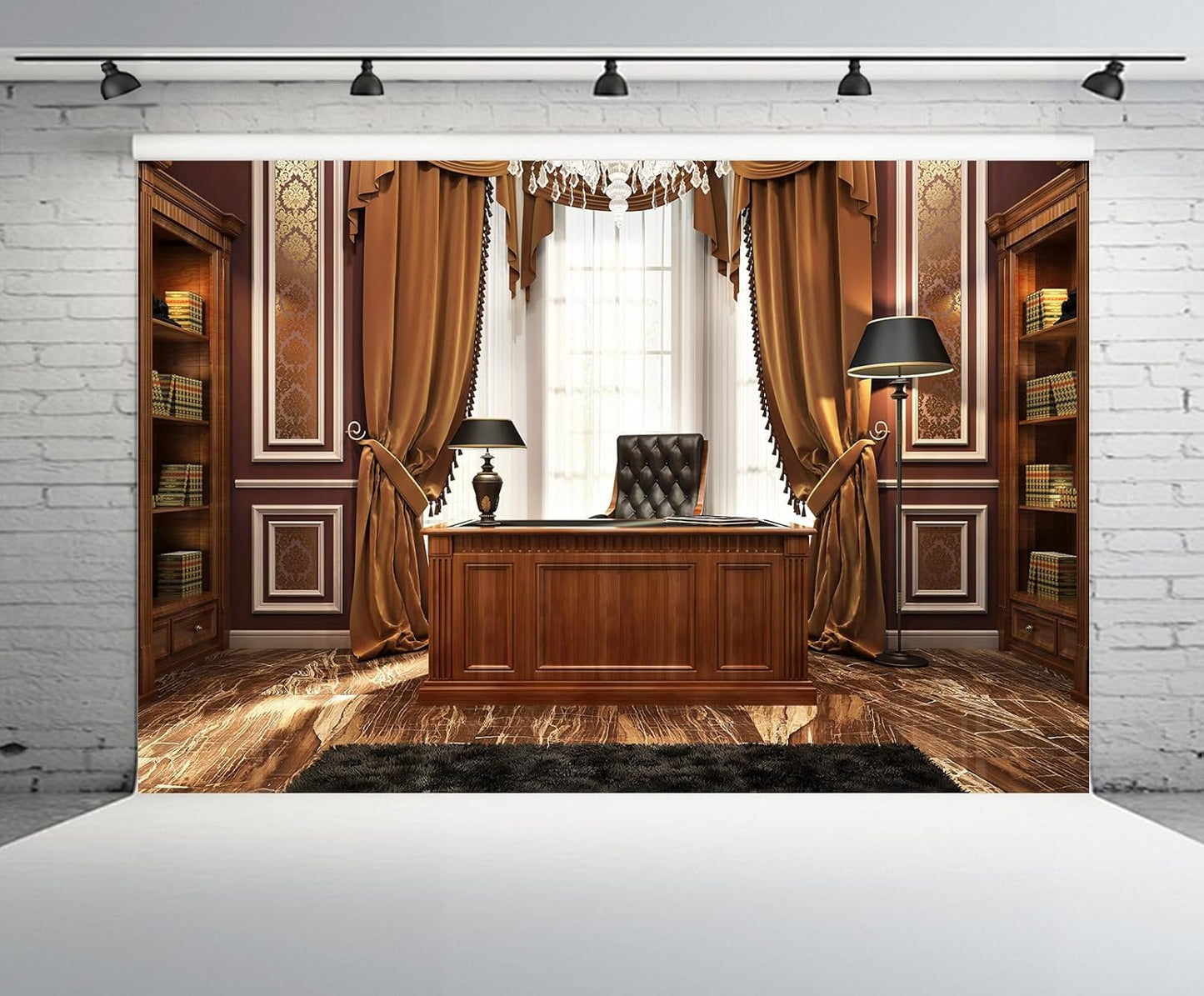 CHNYWORK 7x5ft Luxury Wood Home Office Backdrop Retro Classic Desk Chandelier Bookshelf Window Library Video Conference
