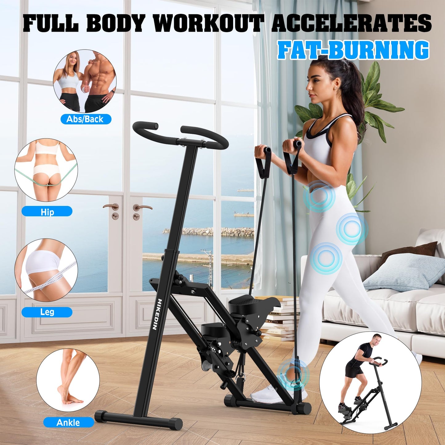 HIKEDIN Stair Stepper Vertical Stair Master with Optional Resistance Bands Adjustable Handlebar & Pedals Climber Exercise Machine for Full-Body Workout, New Version (Black)