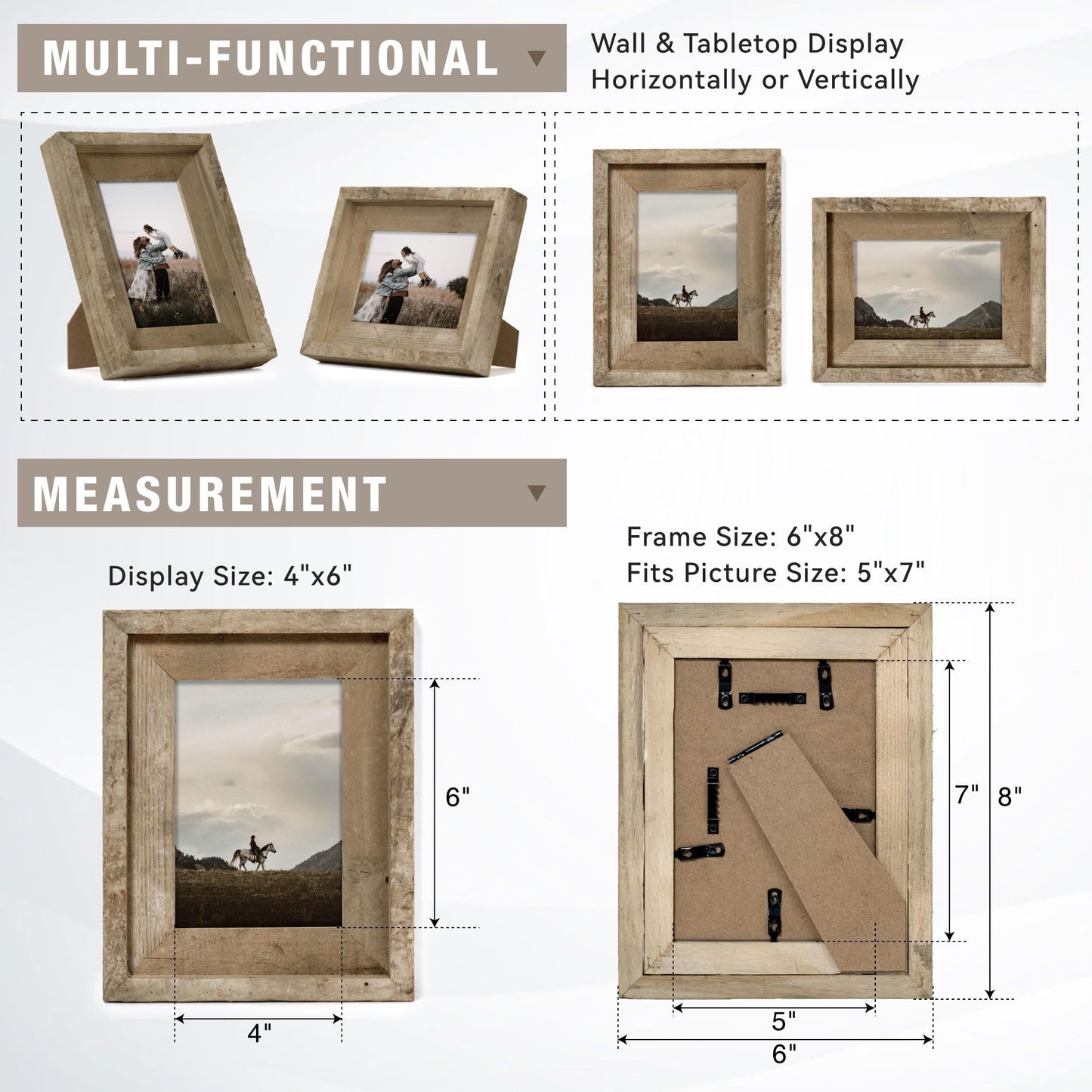 Rustic 5x7 Picture Frames, Reclaimed Barnwood Photo Frames with HD Tempered Glass, Distressed Family Gallery Corner, Horizontal and Vertical Wall Mounting & Table-top Display with Hardware, Set of 2