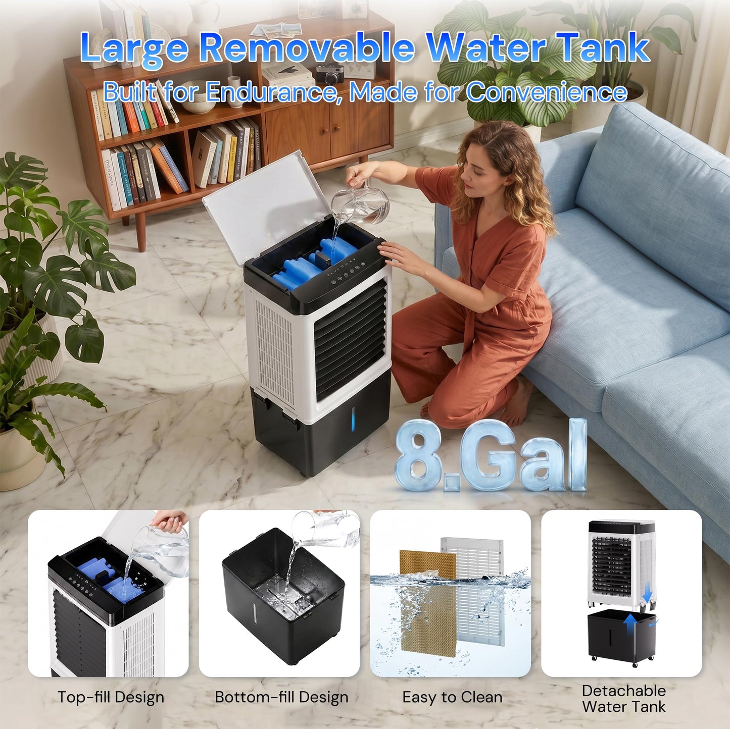 Swamp Cooler, 2200 CFM Evaporative Air Cooler with 8 Gal Water Tank, 4 Ice Packs, 120° Swing,12H Timer,3 Modes,3 Speeds, 3-IN-1 Windowless AC Unit, Room Cooler Portable Air Conditioner for Indoor Use
