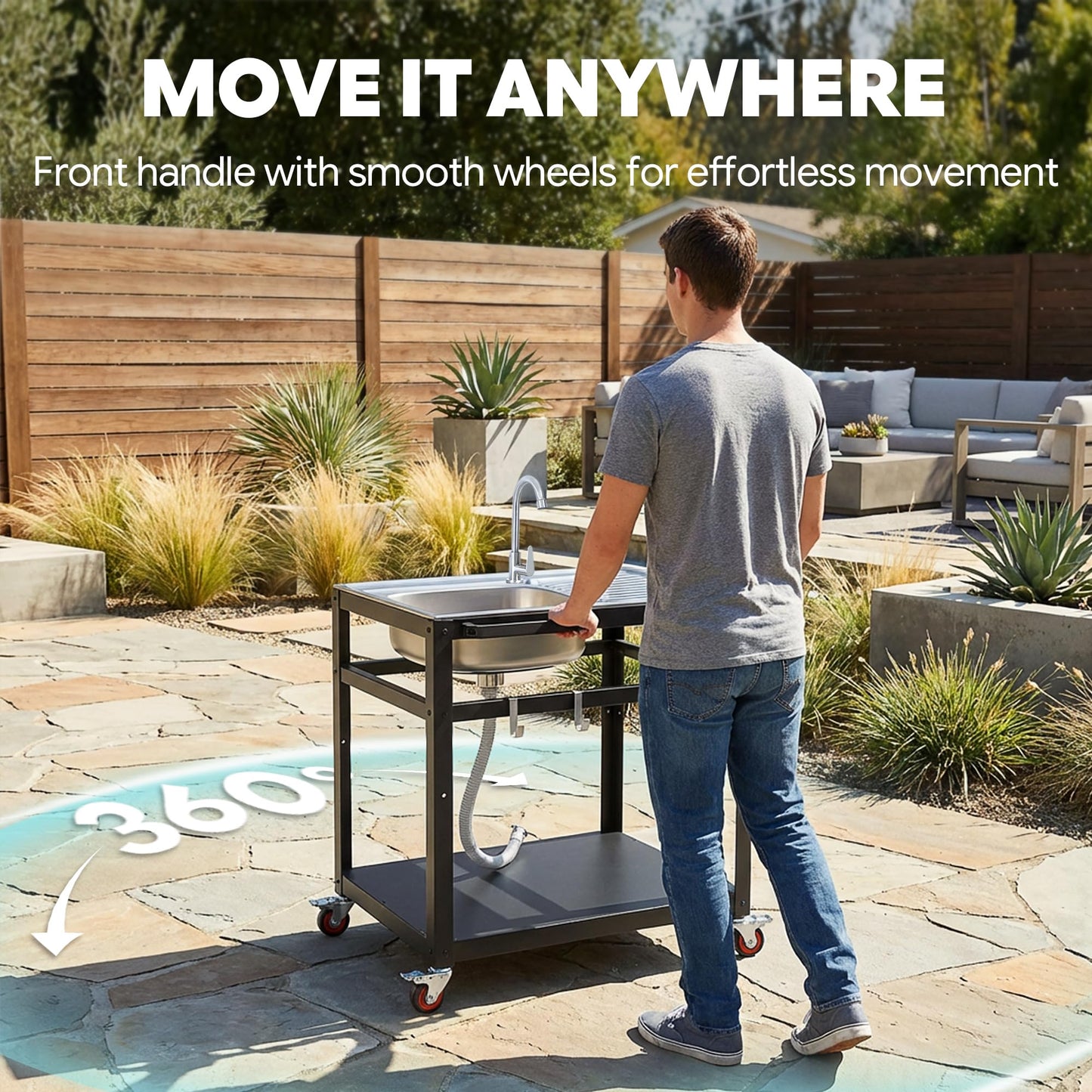 FEASTO 35-Inch Outdoor Grill Cart with Stainless Steel Sink, Rolling BBQ Prep Table with Faucet, Storage Shelves and Lockable Wheels for Patio, Backyard and Outdoor Cooking, Silver & Black