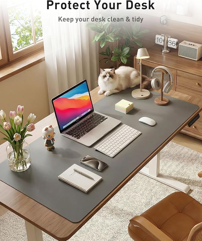 Aothia Faux Leather Desk Mat - Large Mouse Pad, Non-Slip PU Leather Blotter, Waterproof Writing Surface for Office and Home (Grey, 42" x 17")