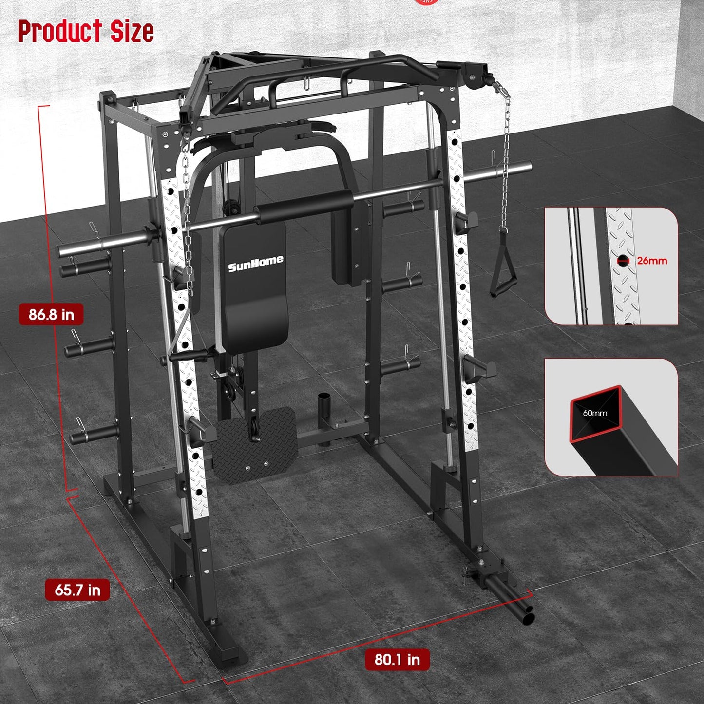 SunHome Smith Machine, Power Cage Squat Rack with Smith Bar, LAT Pull-Down Systems, Cable Crossover Machine and Cable Attachment for Home Gym
