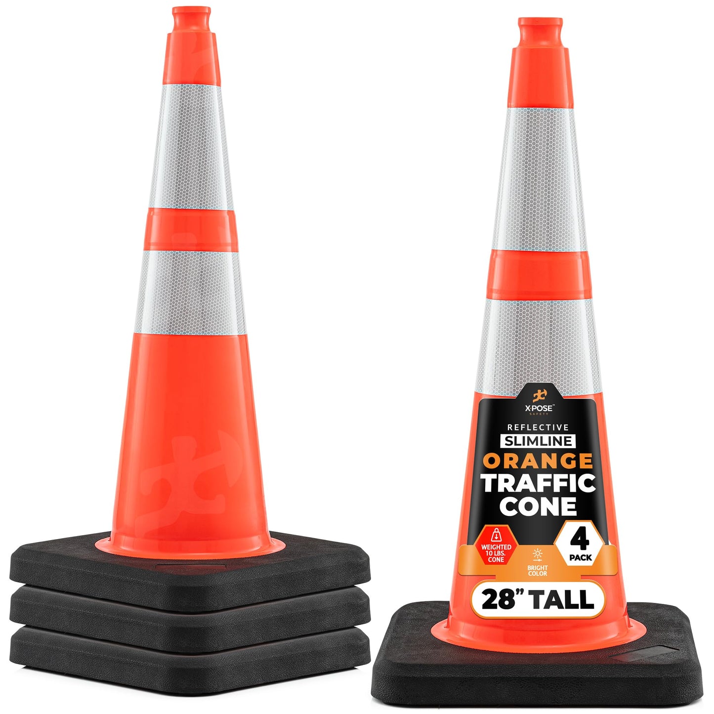 Xpose Safety 28 Inch Orange Slim Line Traffic Cones Heavy Duty 10lb with 6" & 4" Collars, 4 Pack Multipurpose PVC Plastic Safety Cone for Parking, Soccer, Caution, Kids & Construction - DOT Approved