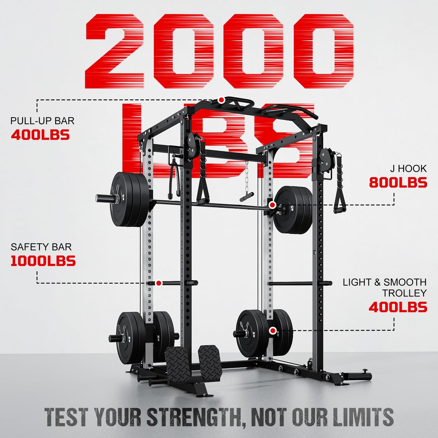 GOIMU DP01 Power Cage, 2000LBS Squat Rack with with Cable Crossover and Dual Independent Pulley System, Full Cage for Full Body Training, Power Rack with More Training Attachments for Home Gym(BK-Pro)