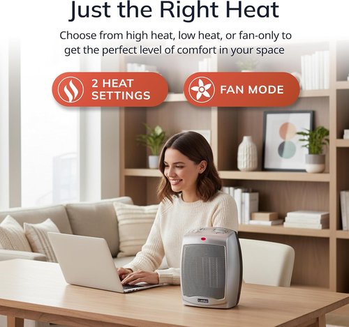 Lasko Electric Ceramic Space Heater - Adjustable Thermostat, 2 Heat Settings, 9.2 Inches, Silver