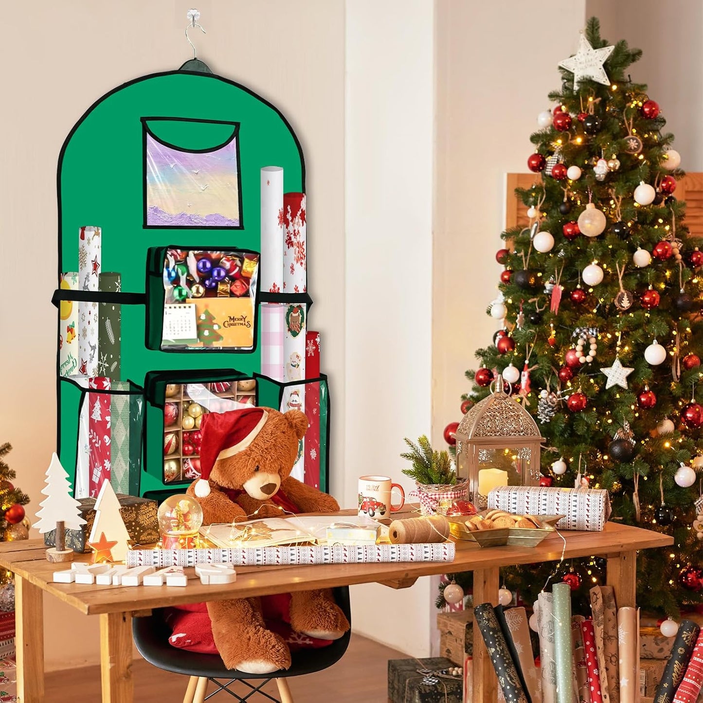 Skiennix Hanging Gift Wrapping Paper Organizer - Double-Sided Over The Door Storage | 48x24 Inch, Green