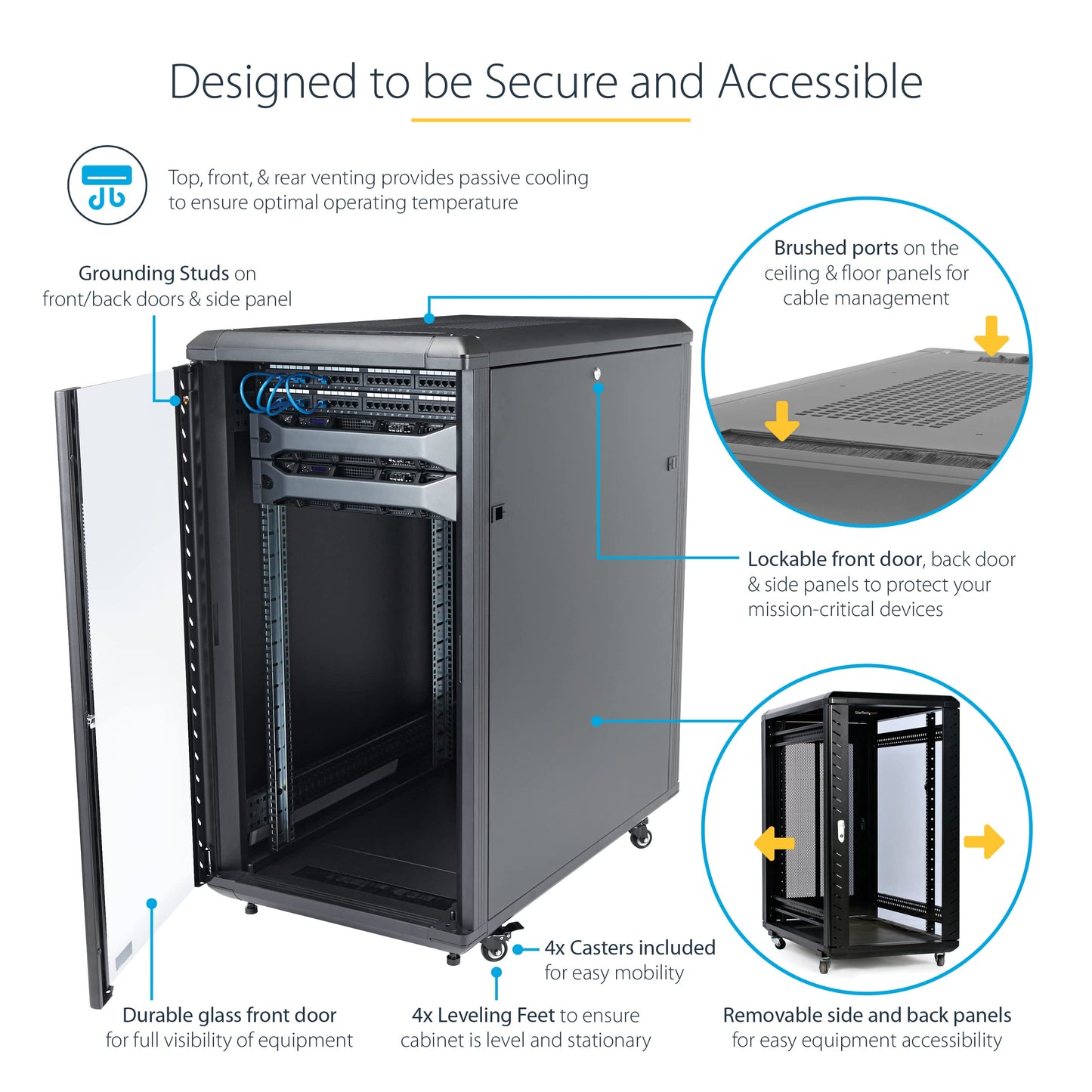 StarTech 22U Enterprise-Grade Server Rack Cabinet, 19in Enclosed 4-Post Rack with 33in (83cm) Mounting Depth and 1764lb (800kg) Weight Capacity