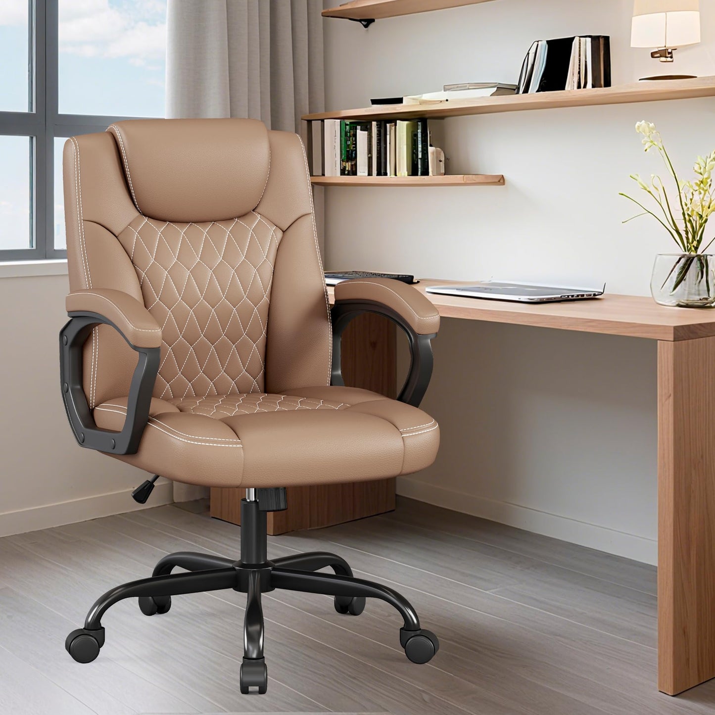 Misolant Office Chair, Executive Desk Chair, PU Leather Comfortable Ergonomic Chairs with Fixed Armrest, Adjustable Height, Rocking Function, 360° Swivel Wheels, Brown