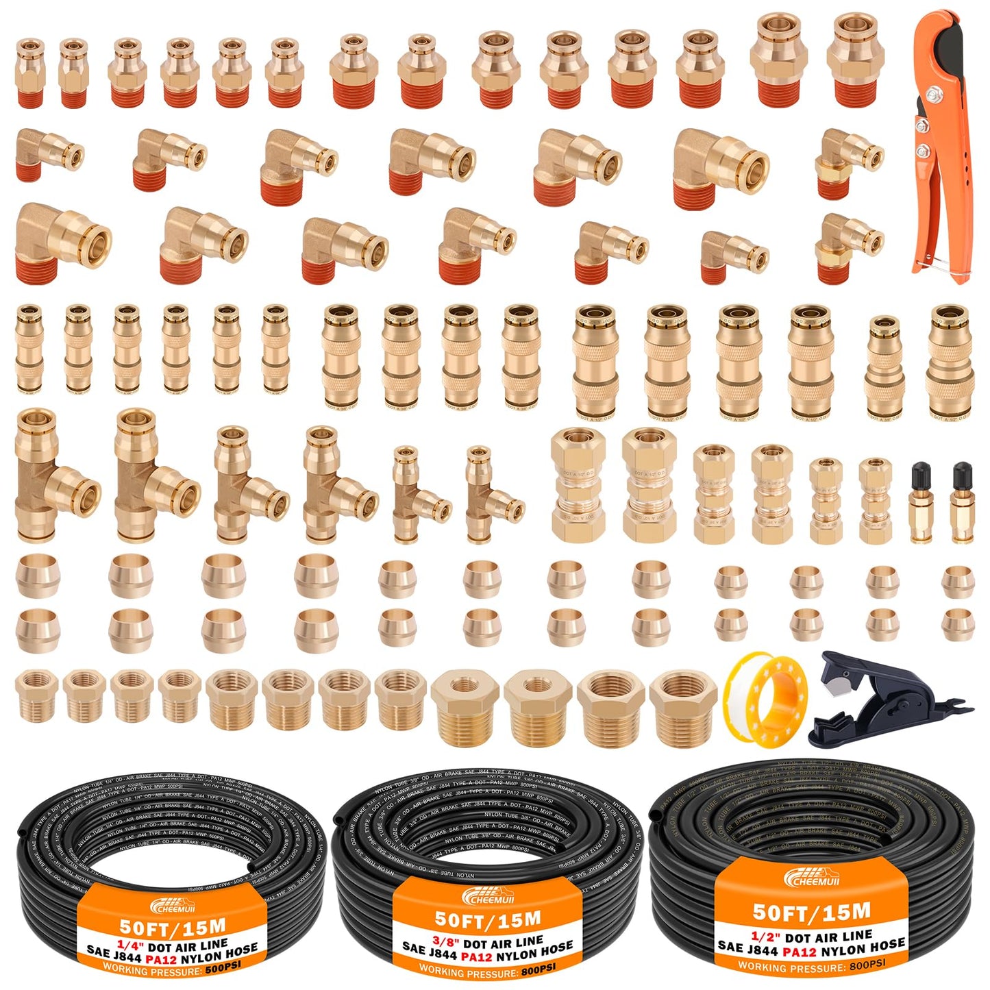 CheeMuii 100 PCS Brass DOT Air Line Fittings with 3 Roll 50FT 1/4" 3/8" 1/2" DOT Air Lines Kit Push Lock Air Fitting Quick Connect Air Fittings with Air Hose Pneumatic Tubing