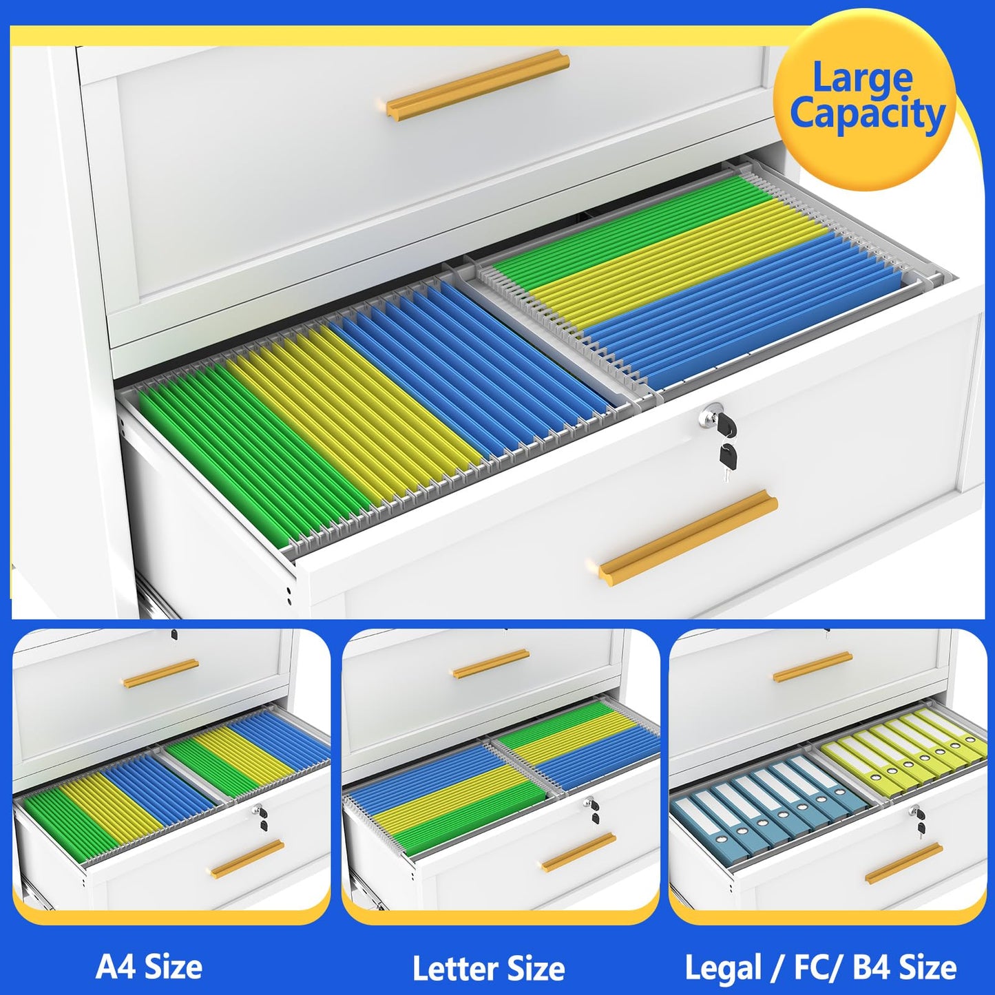 GAIOUS 3 Drawer File Cabinet with Lock, Metal Lateral Filing Storage Cabinet for Office Home, Steel Vertical File Cabinets for A4 Letter Size Documents, White Locking File Drawer, Assembly Required