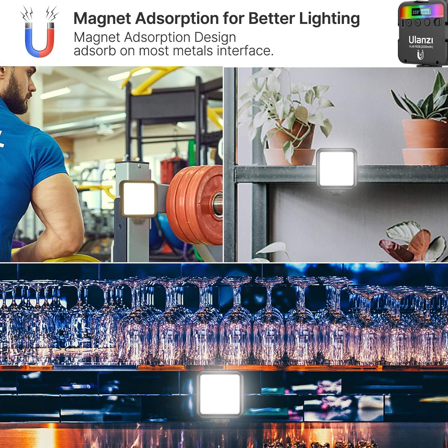 ULANZI VL49 360 3 2000mAh 95+ 2500-9000K Dimmable RGB Video Lights, LED Camera Light Full Color Portable Photography