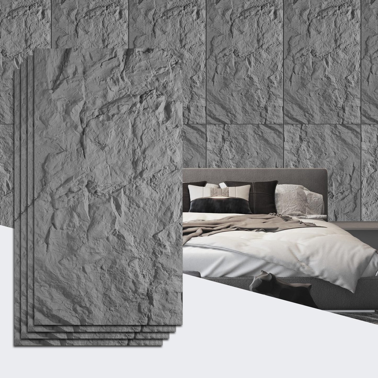 VESLARA 4 PCS Faux Stone Wall Panel 43.3’’ x 23.6’’ PU Wainscoting Panel with Mountain Rock Design 3D Wall Panel for Interior Wall Decor Bedroom Living Room Office Cement