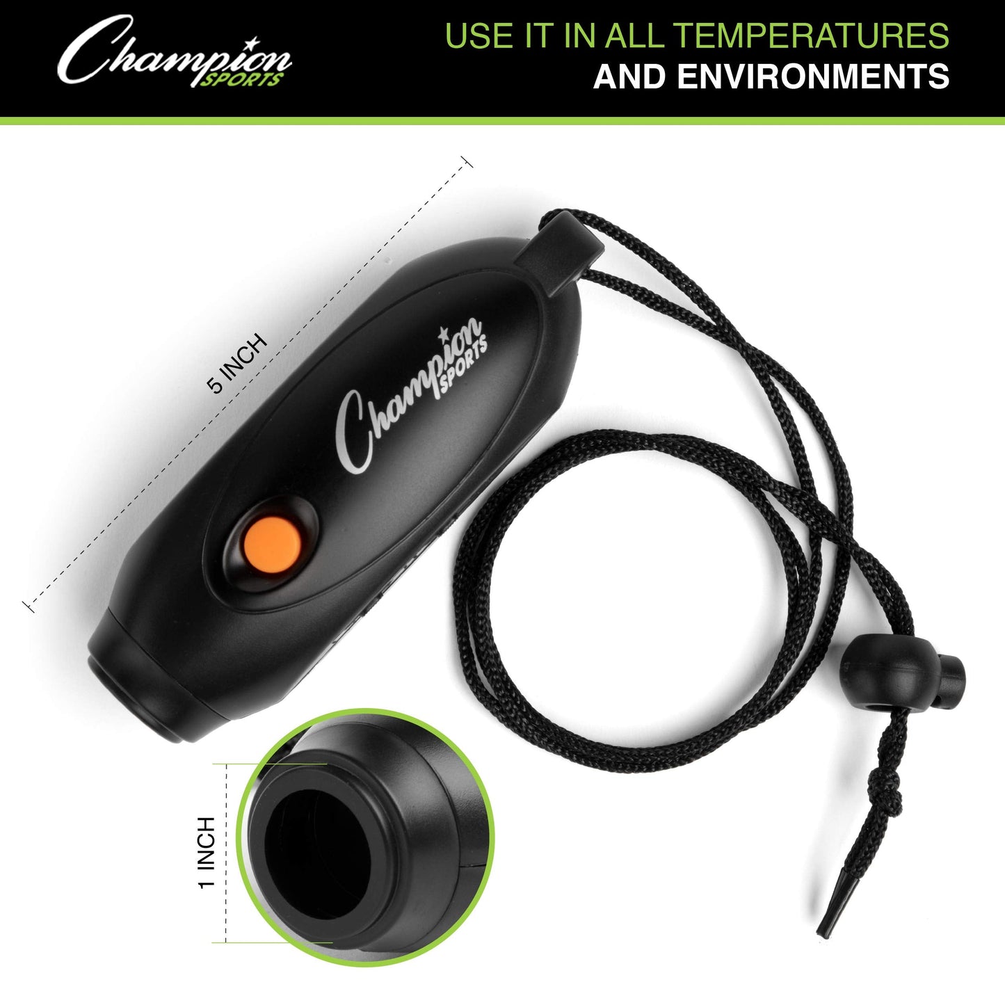 Champion Sports Electronic Hand Whistle, Three Tone-for Sports Coach, Referee, PE Teacher, Lifeguard, & Personal Use -Push Button, Handheld, Indoor and Outdoor, Adjustable Volume and Wrist Strap Black