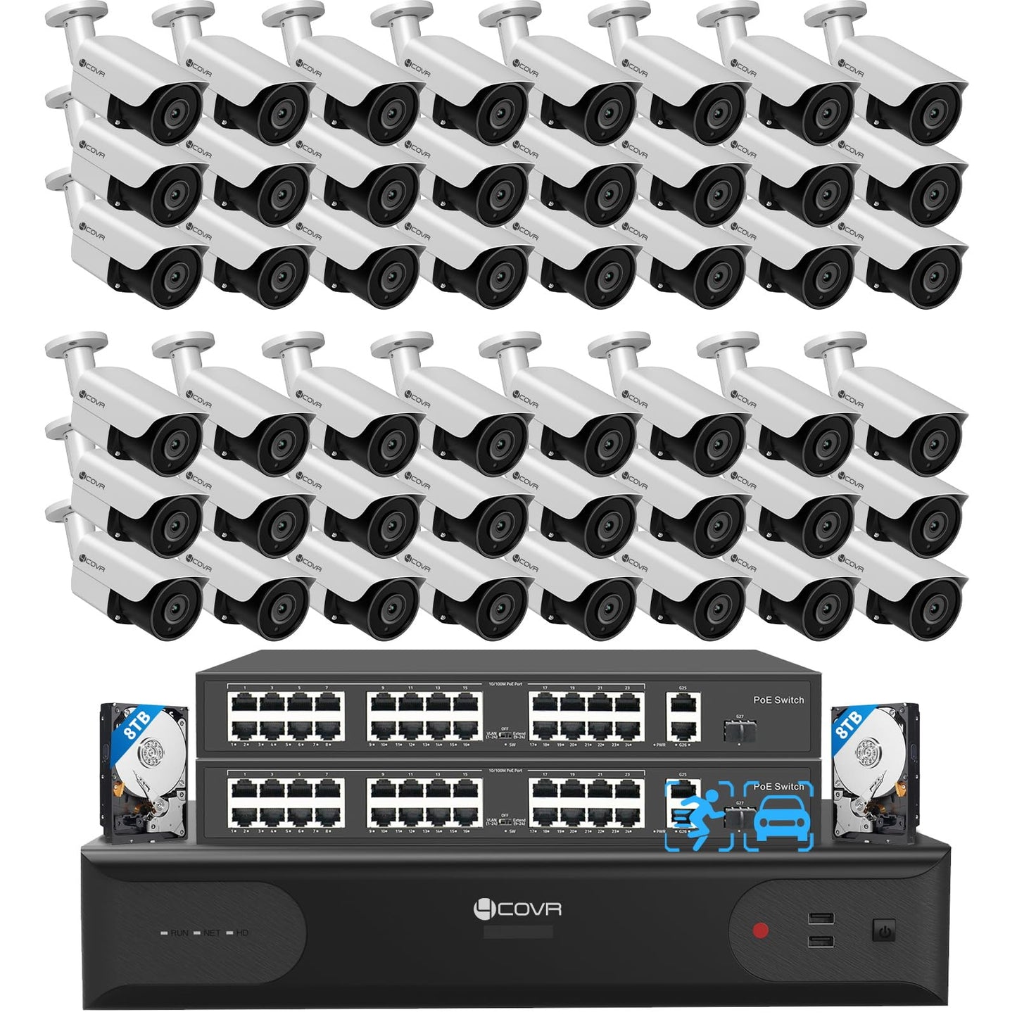 4COVR 64 Channel Security Camera System PoE 4K, AI Human/Vehicle Detection, UtraHD 8MP NVR 16TB HDD, 48Pcs 8MP Commercial Bullet IP Camera IP67 Night Vision, 24/7 Business Surveillance, LY37EX8M6448