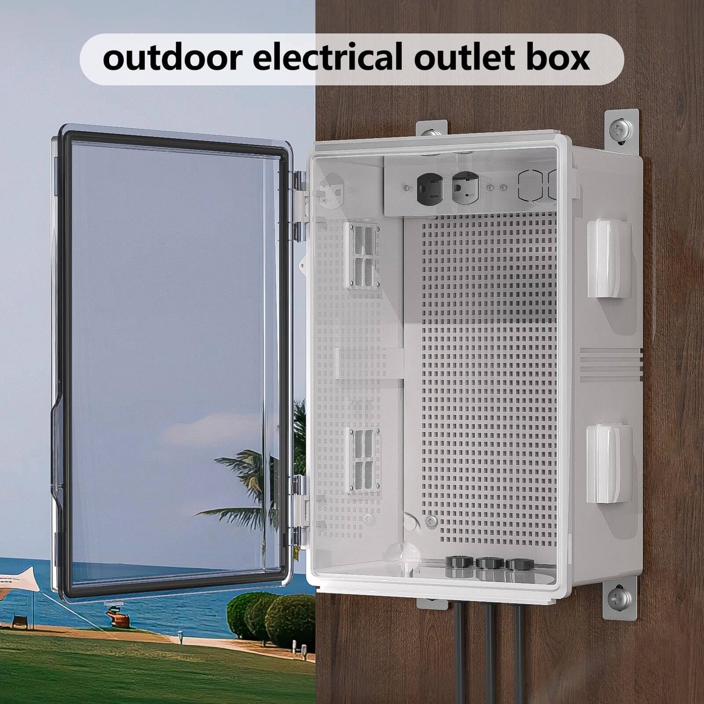 Waterproof ABS Enclosure Cabinet Junction Box, Ventilated Design, Indoor/Outdoor Use, with Mounting Panel, High Power Outlets. (Clear Cover, 19.7"x15.7"x7.9")
