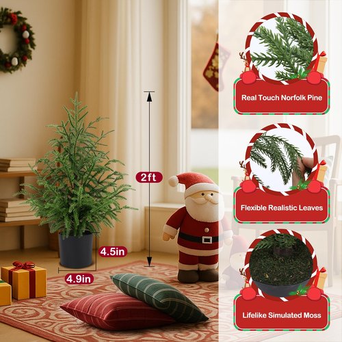 ENVEN 2FT Artificial Norfolk Pine Christmas Tree – Tabletop Faux Tree Unlit/Prelit with 50 LED Lights & 8-Function Battery Box, Pre-Assembled Holiday Decor for Home or Office (Prelit-2FT-1Pack)