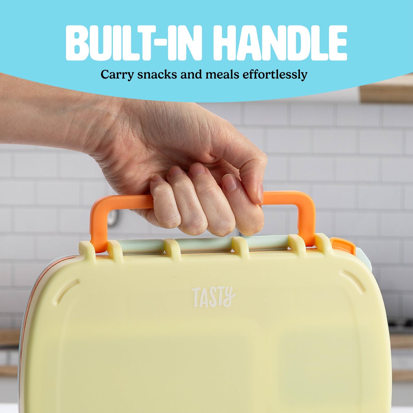 Tasty Bento Style Lunch Box, 4 Compartments with Built-In Phone Stand, BPA-Free Plastic, Portable Food Storage Container, Aqua