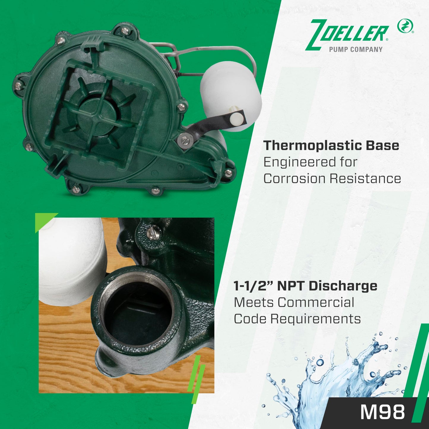 Zoeller M98 Flow-Mate Sump Pump - 1/2 HP - Cast Iron - LED Power Plug - High Flow - Vortex Impeller - Stainless Steel Hardware - Factory Tested and Float Operated - Submersible Sump Pump - 115V