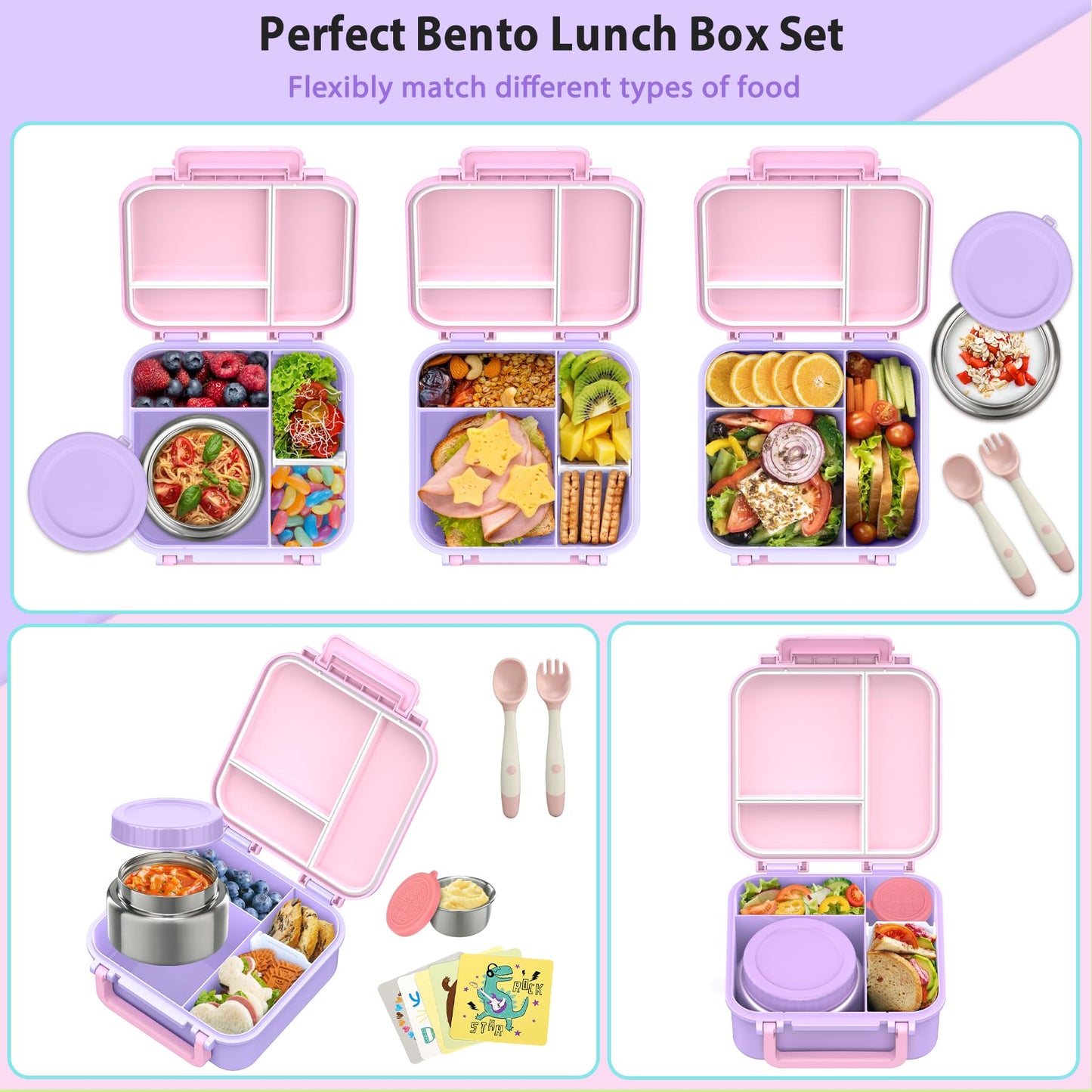 Kids Bento Lunch Box with 9oz Soup Thermo Leakproof Lunch Food Containers 4 Compartment with Insulated Hot Food Jar for Kid Toddler Girls Boys to School Trvael