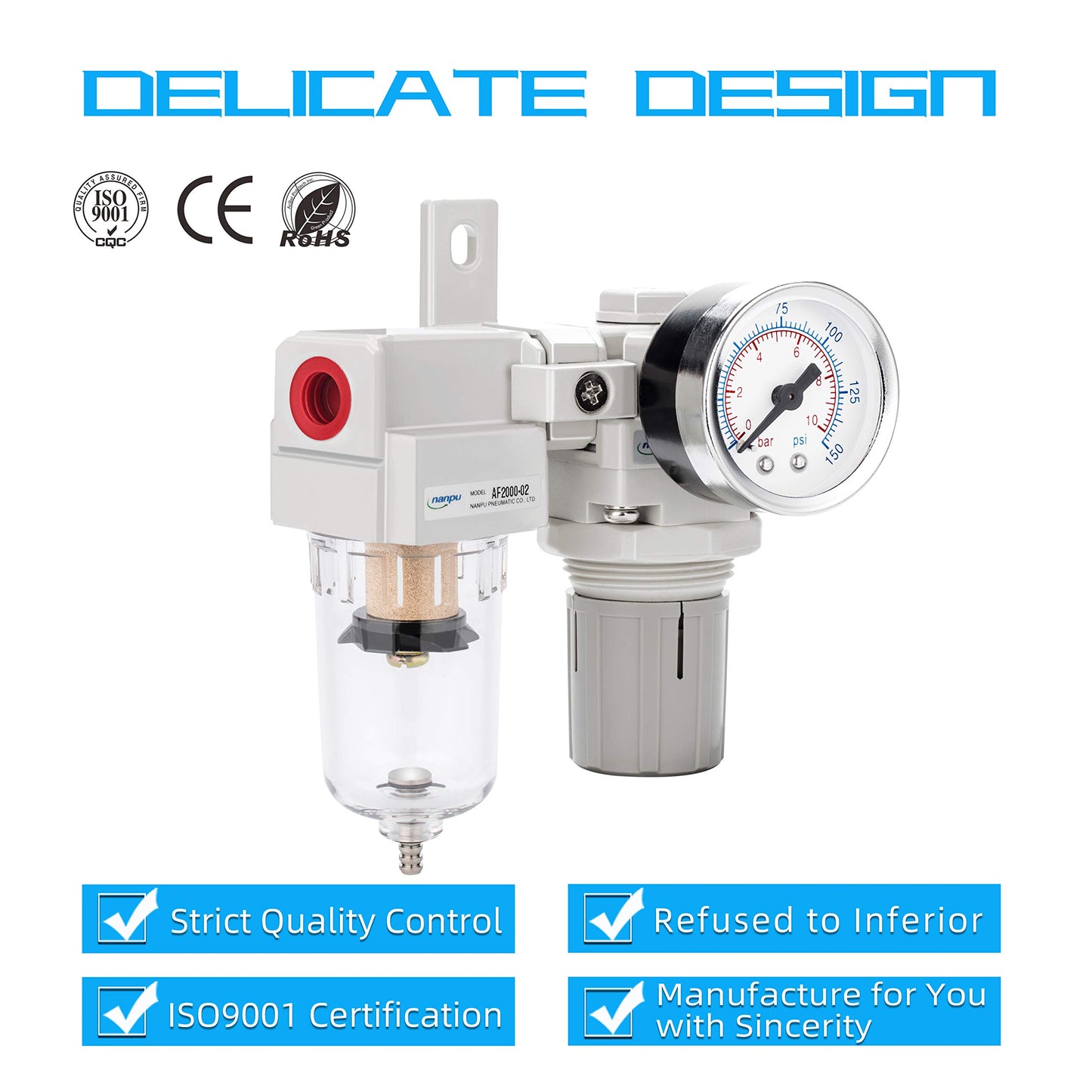 NANPU 1/4" NPT Compressed Air Filter Regulator Combo Piggyback, 5 Micron Element, Poly Bowl, Semi-Auto Drain, Bracket, Gauge (ARF2000)