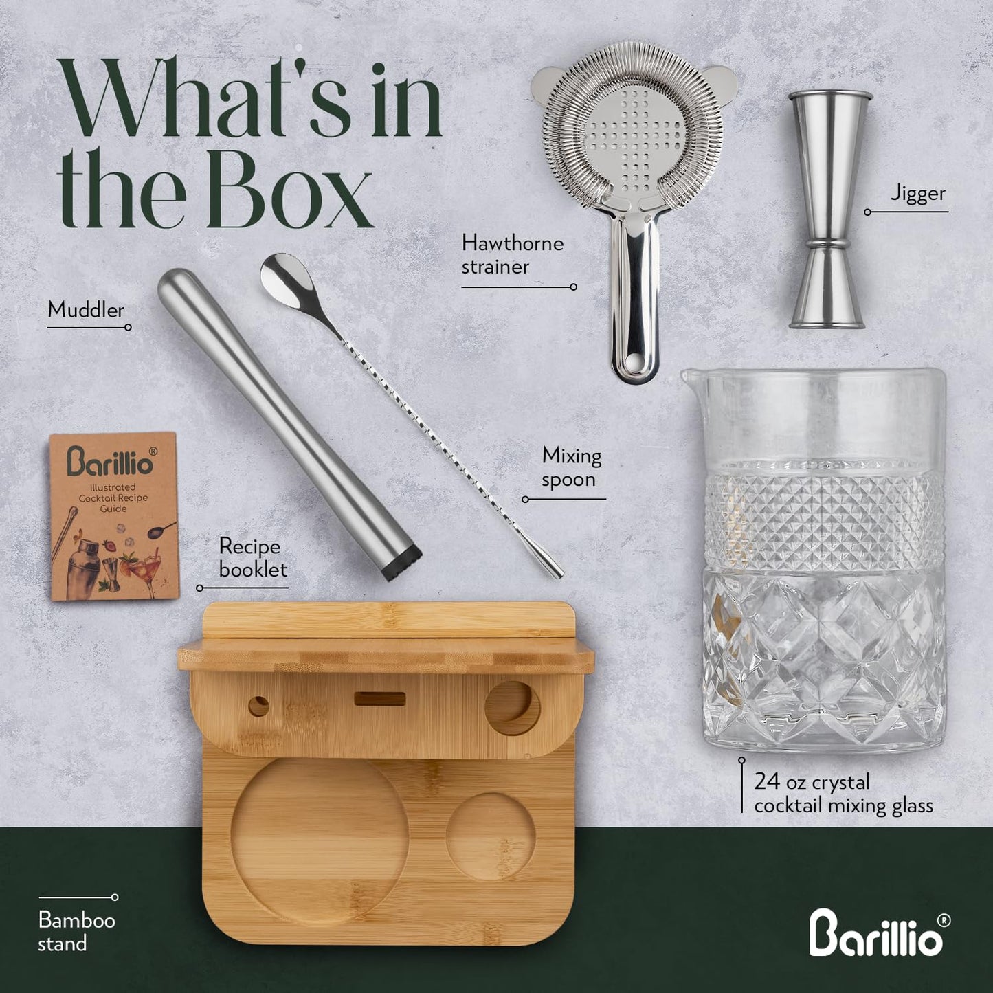 Barillio 24 Oz Crystal Cocktail Mixing Glass with Bamboo Stand & Bar Tools | Seamless Lead-Free Crystal, Weighted Base Stirring Pitcher | Including Muddler, Mixing Spoon, Jigger and Strainer