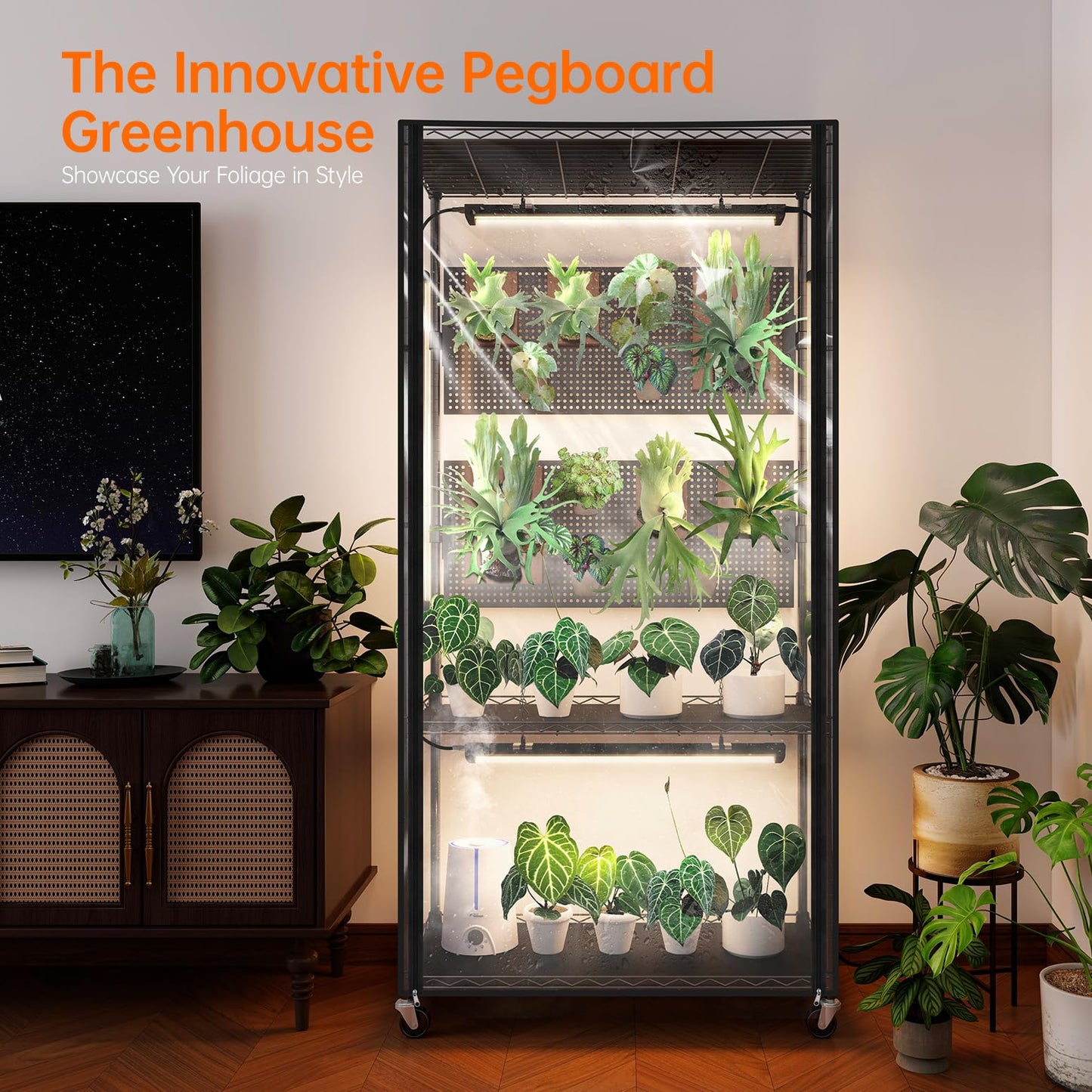 Bstrip Indoor Greenhouse Cabinet with Pegboard, Indoor Greenhouse with 4 Pack 96W Full Spectrum Grow Light for Indoor Plant, Foliage Plants, 29.5"x13.8"x59"