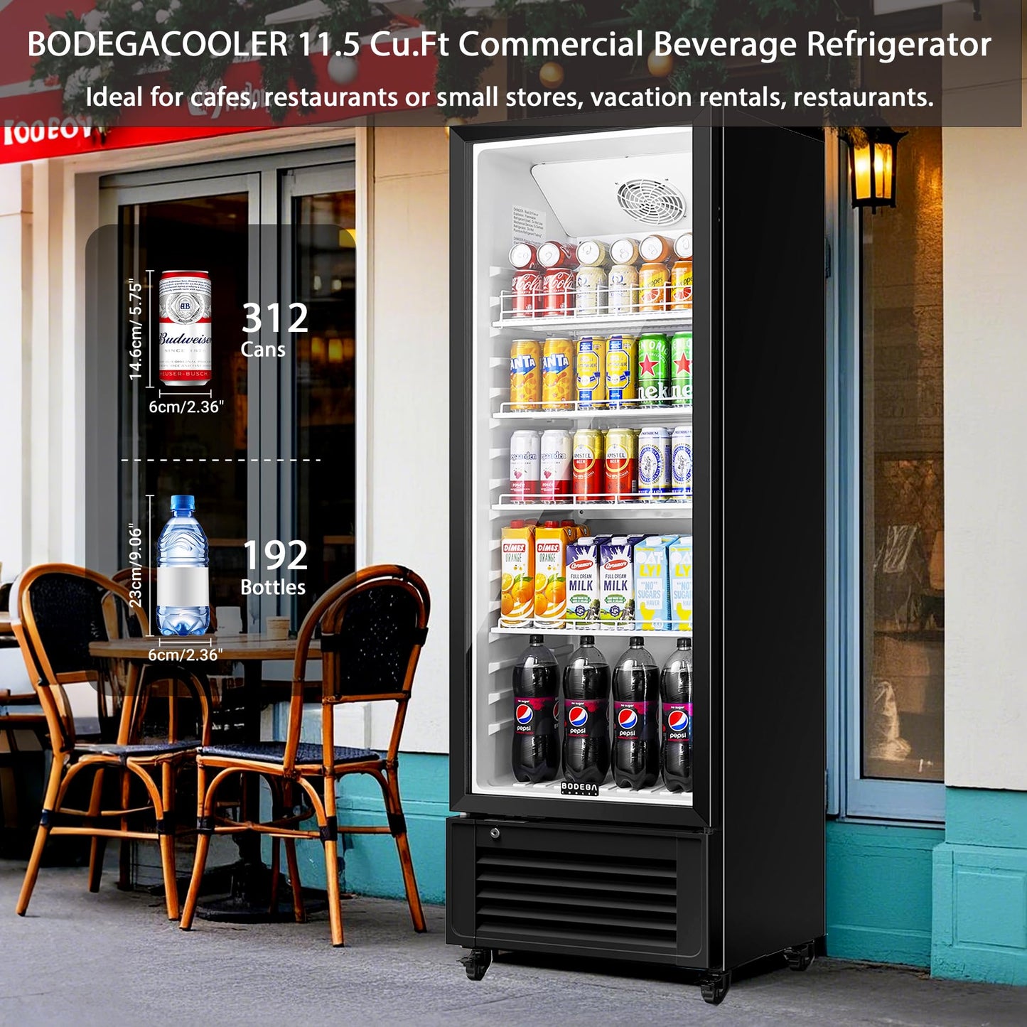 BODEGACOOLER Commercial Beverage Refrigerator and Cooler, 11.5 Cu.Ft Commercial Refrigerators Glass Door Fridge for Bar, drink, Commercial Merchandiser Refrigerator with 312 cans & 192 bottles.