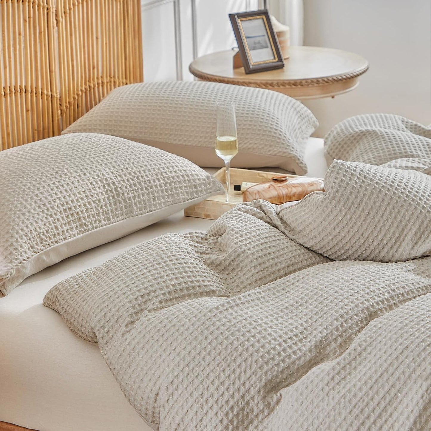 WARMDERN Waffle Weave Duvet Cover Set - Soft & Breathable Queen Size Bedding in Khaki | 3-Piece Microfiber Set