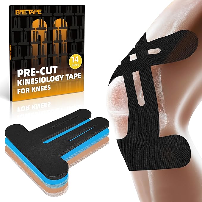 Precut Kinesiology Tape for Knees ??14 PCS Knee Tape for Pain Relief & Support, Elastic Waterproof Sports Tape, Breathable & Latex-Free, Pre Cut Athletic Tape for Workout & Injury Recovery, Black