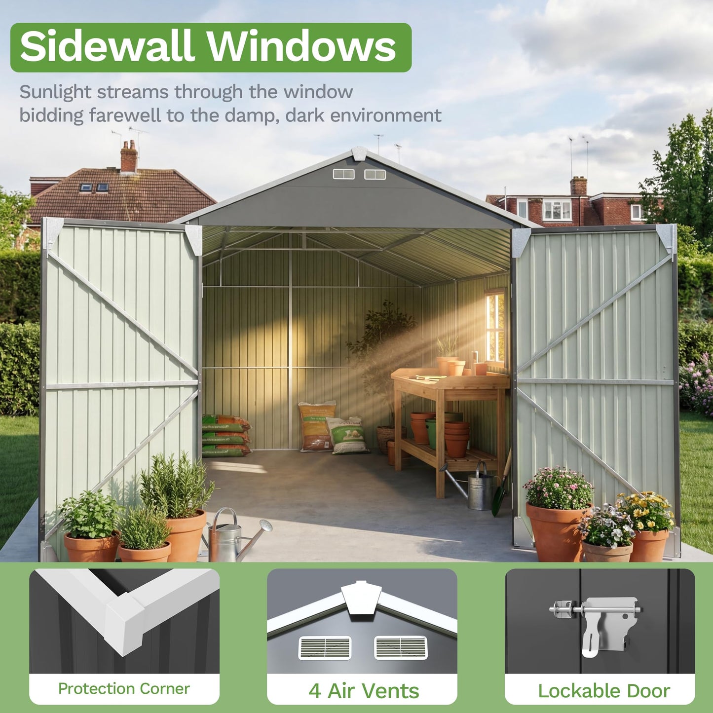 Patiowell 12x20 FT Outdoor Storage Shed, Large Metal Garden Shed with Lockable Doors & Windows, Waterproof Reinforced Tool Shed with Side Door & Air Vents for Cars Trucks Boats, Black