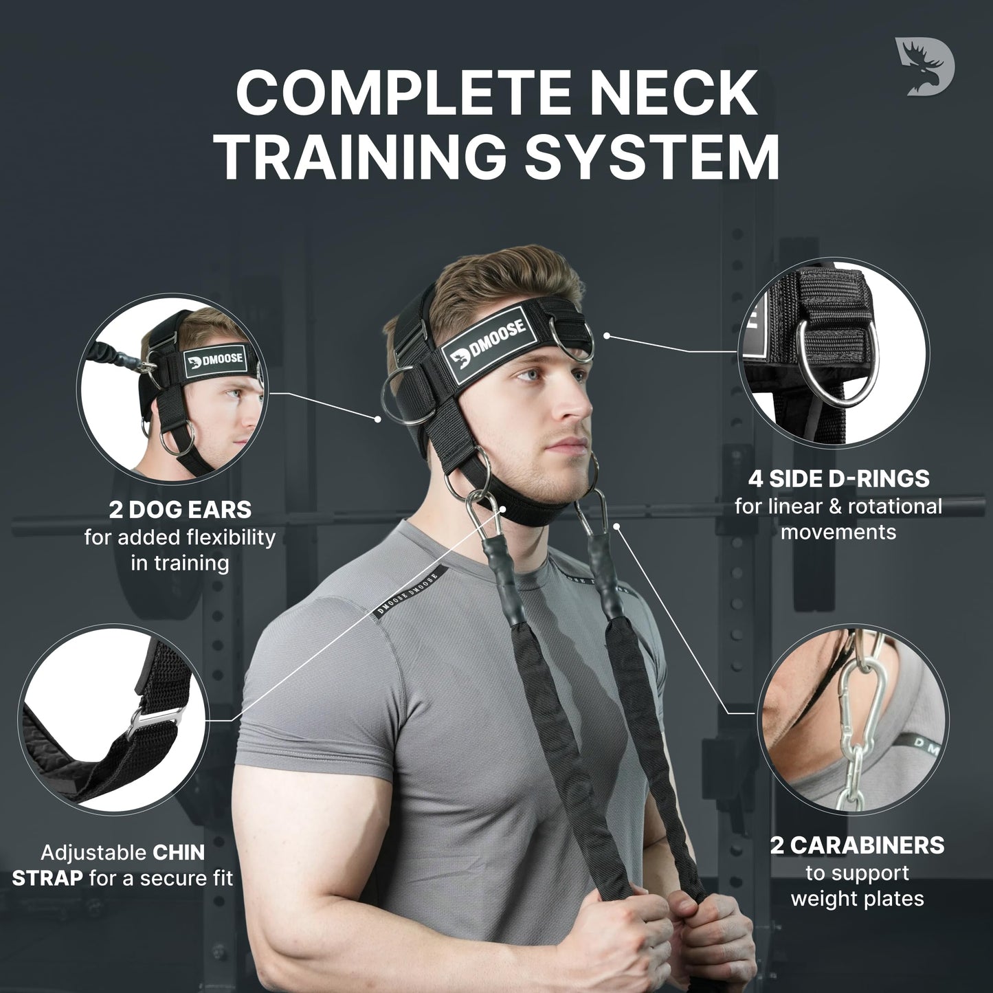 DMoose Fitness Neck Harness Plus for Weight Lifting - Soft Padded Head & Chin Strap with 30" Heavy Duty Steel Chain, 2 Bands & Door Anchor - Neck Exerciser & Strengthener (Neck Harness Plus)