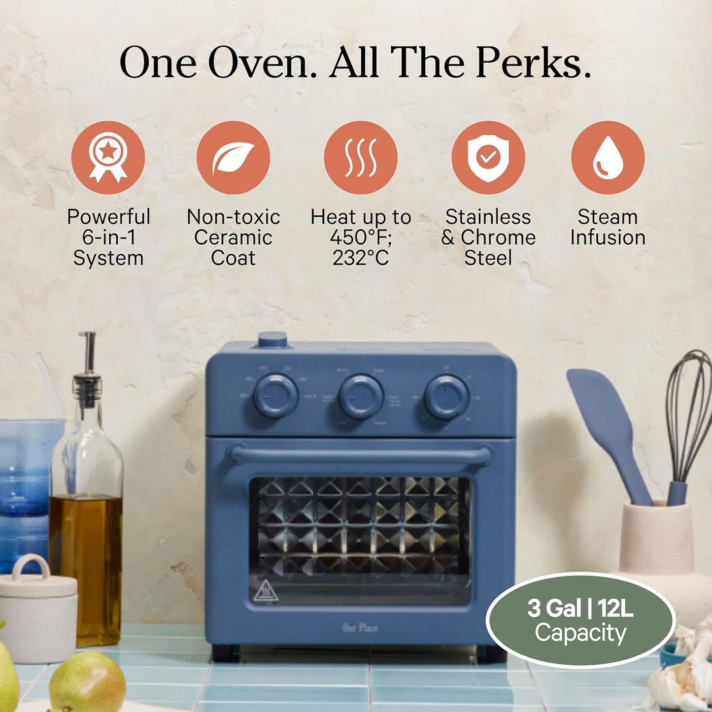 Our Place Wonder Oven - 6-in-1 Air Fryer & Toaster Oven with Steam Infusion | Nonstick Ceramic Bakeware Set (Round, Square & Muffin Pan) | Blue Salt