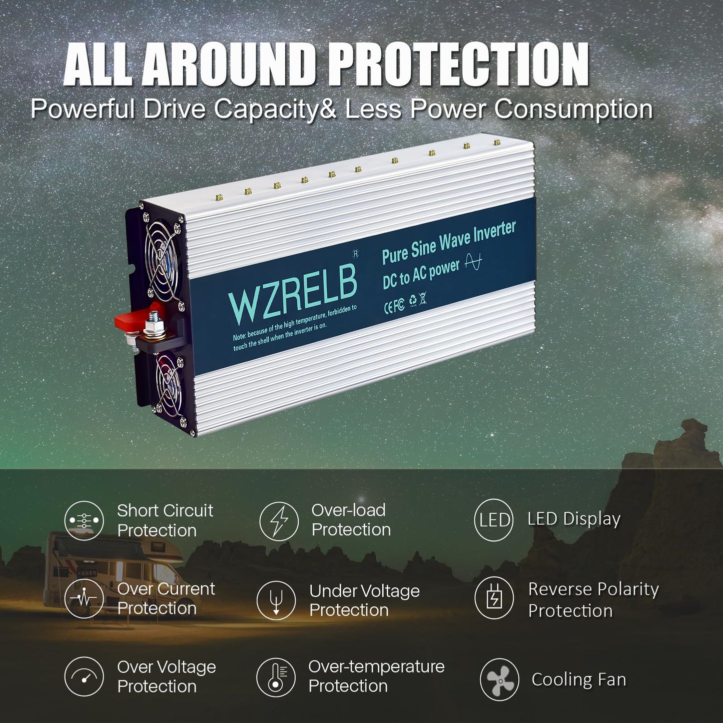 WZRELB 4000W Pure Sine Wave Inverter 48V DC to 110V 120V AC Power Converter with LED Display, Hardwire Terminal,Off-Grid Portable Power Inverter with Dual AC Outlets for Home, RV, Truck, Camping