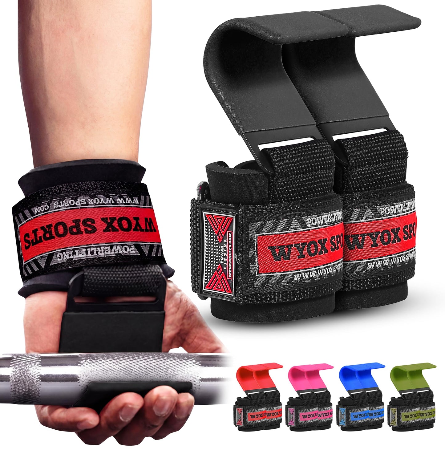 WYOX Weight Lifting Hooks for Deadlift, Pull Ups & Rows – Heavy Duty Wrist Support Grips to Lift Heavier, Reduce Grip Fatigue & Improve Performance – Padded Straps for Men & Women (Pair of 2)