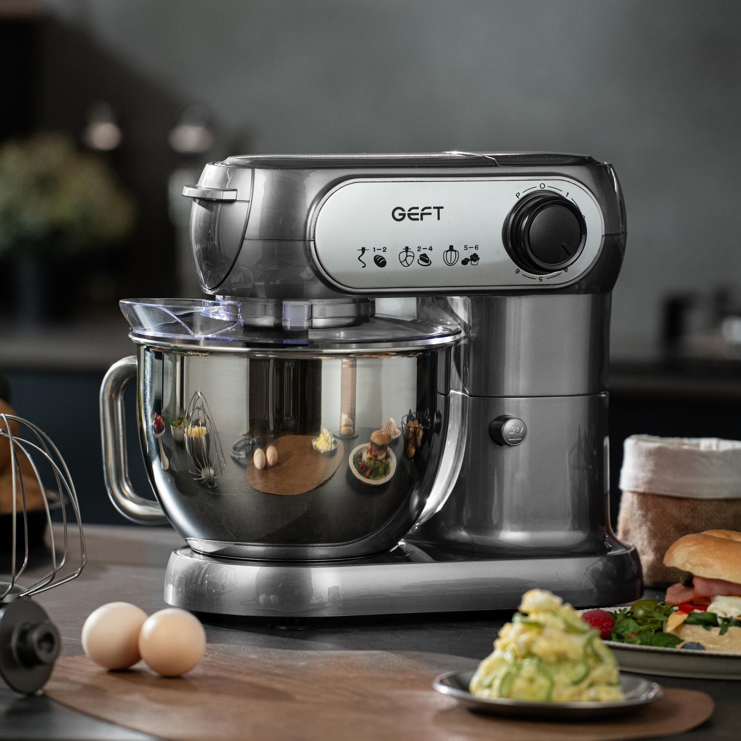 GEFT Stand Mixer, 3.5QT+6QT Two Bowls Kitchen Electric Mixer, 600W 6+P speed Tilt-Head Food Mixer with Stainless Steel Bowl, Dishwasher-Safe Dough Hook, Flat Beater, Wire Whisk, Splash Guard, Grey